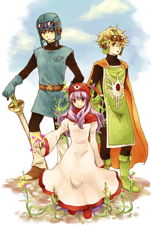 1girl, 2boys, dragon_quest, dragon_quest_ii, dress, hood, long_hair, multiple_boys