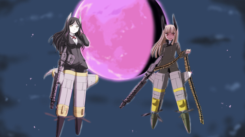 2girls, animal_ears, bangs, black_gloves, black_hair, black_jacket, blonde_hair, blunt_bangs, brown_jacket, commentary, constantia_cantacuzino, feathers, flying, full_body, gloves, grete_m_gollob, gun, highres, holding, holding_weapon, jacket, lahti_l39, long_hair, long_sleeves, looking_at_viewer, machine_gun, mg34, military, military_uniform, moon, multiple_girls, night, night_sky, pale_skin, pantyhose, purple_moon, red_eyes, red_ribbon, ribbon, shirt, sky, star_(sky), starry_sky, striker_unit, tail, uniform, wanyan_aguda, weapon, white_shirt, world_witches_series, yellow_eyes