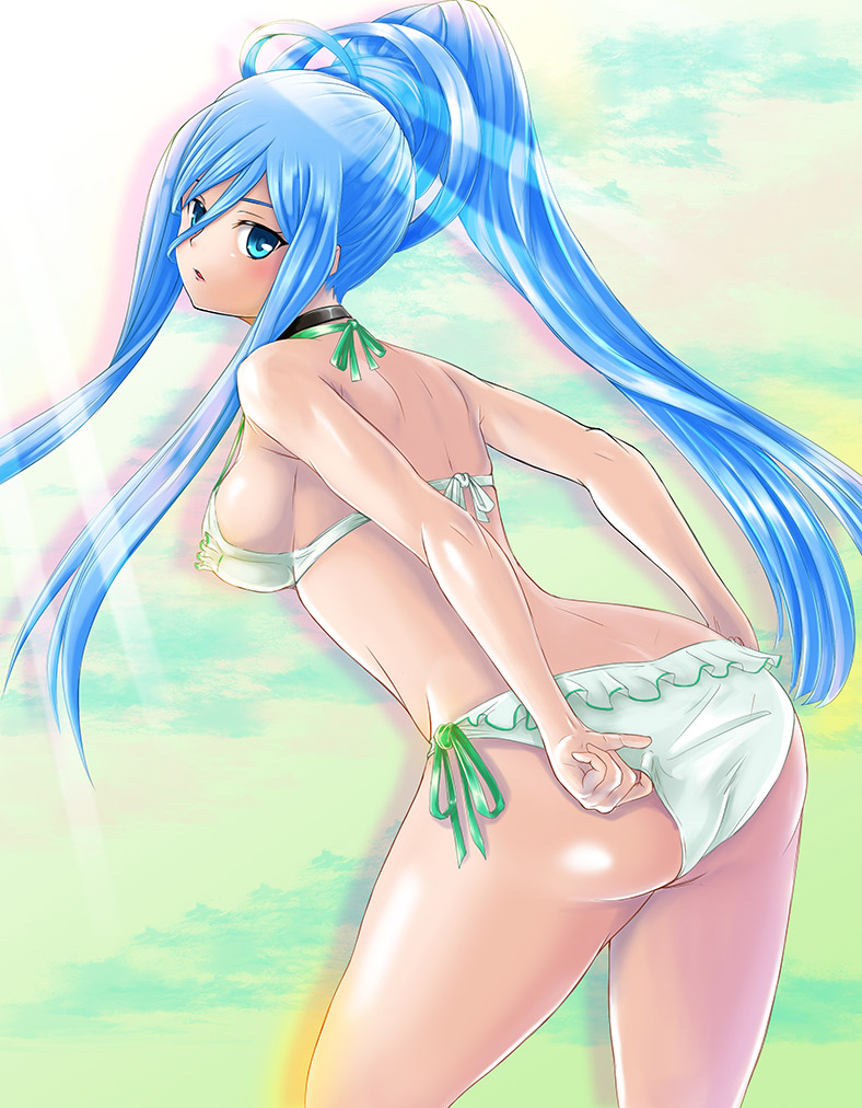 1girl, adjusting_clothes, adjusting_swimsuit, aoki_hagane_no_arpeggio, ass, bikini, blue_eyes, blue_hair, breasts, choker, frilled_bikini, frills, from_behind, leaning_forward, long_hair, looking_at_viewer, looking_back, ponytail, side-tie_bikini, sideboob, solo, swimsuit, takao_(aoki_hagane_no_arpeggio), white_bikini, yappy