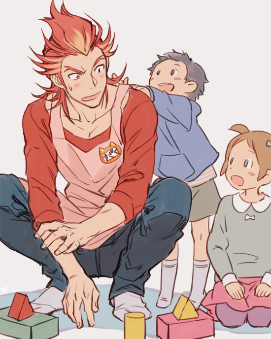 1girl, 2boys, akai_suzaku, apron, brown_hair, building_block, child, denim