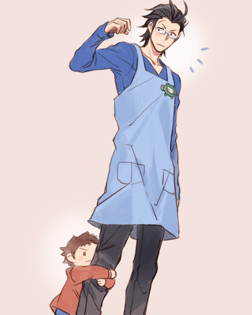 >:(, /\/\/\, 2boys, apron, black_hair, blue-framed_eyewear, blue_shirt, blush_stickers