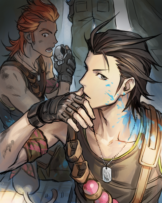 2boys, akai_suzaku, alternate_costume, bandanna, black_hair, collarbone, dog_tags, fingerless_gloves
