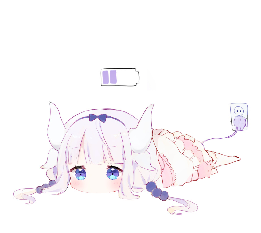 1girl, bangs, battery, beads, black_bow, black_hairband, blouse, blue_eyes, blunt_bangs, bow, buttons, capelet, charging, dragon_girl, dragon_horns, dress, electric_socket, eyebrows_visible_through_hair, frilled_capelet, frills, gothic_lolita, hair_beads, hair_bow, hair_ornament, hairband, highres, horns, kanna_kamui, kobayashi-san_chi_no_maidragon, lavender_hair, lolita_fashion, long_hair, long_sleeves, looking_at_viewer, low_twintails, lying, microdress, miniskirt, no_shoes, on_floor, on_stomach, ongyageum, purple_hair, recharging, simple_background, skirt, solo, tail, thigh-highs, twintails, white_background, white_legwear