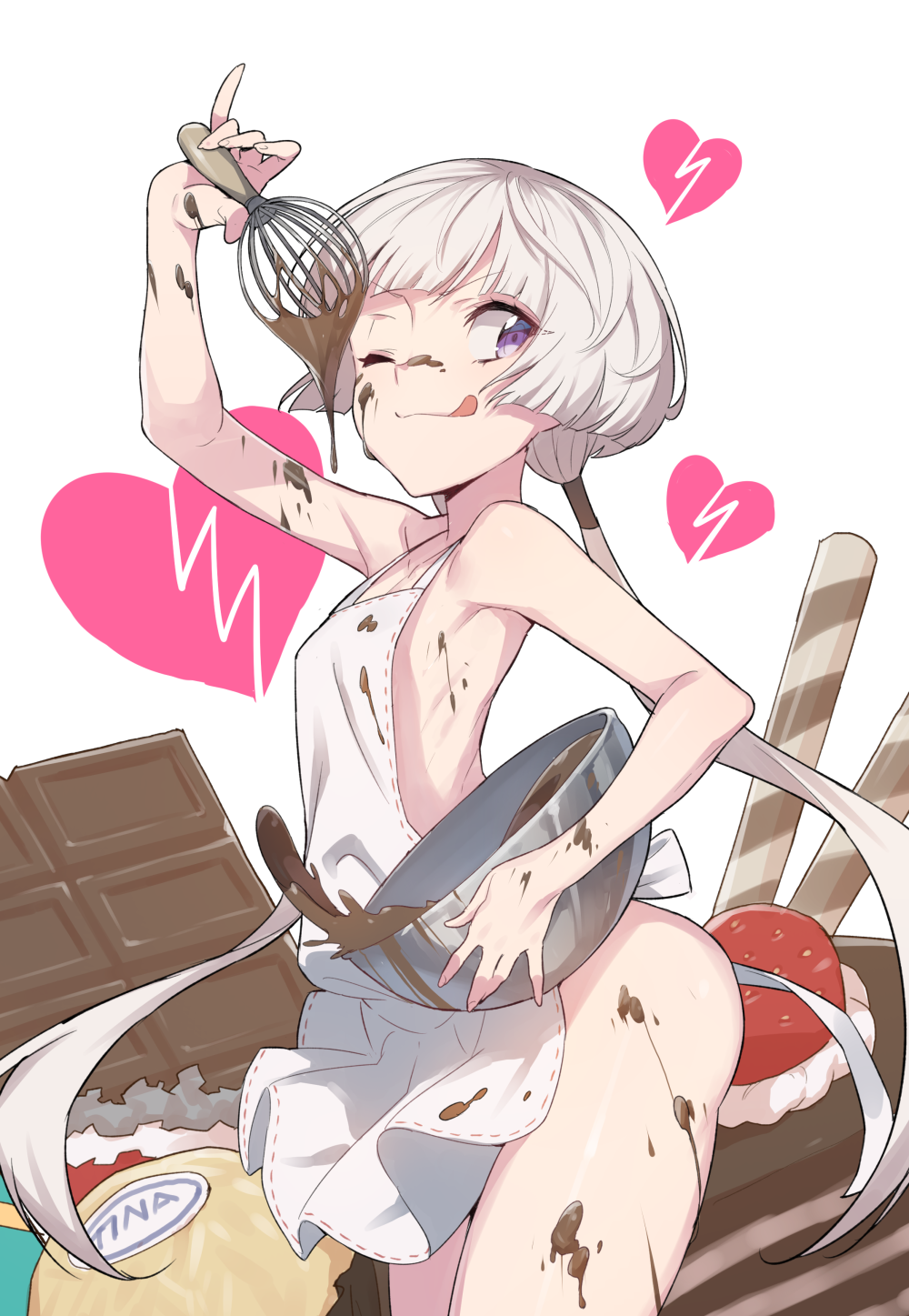 1girl, :q, alternate_hairstyle, apron, arm_up, bangs, bare_shoulders, blunt_bangs