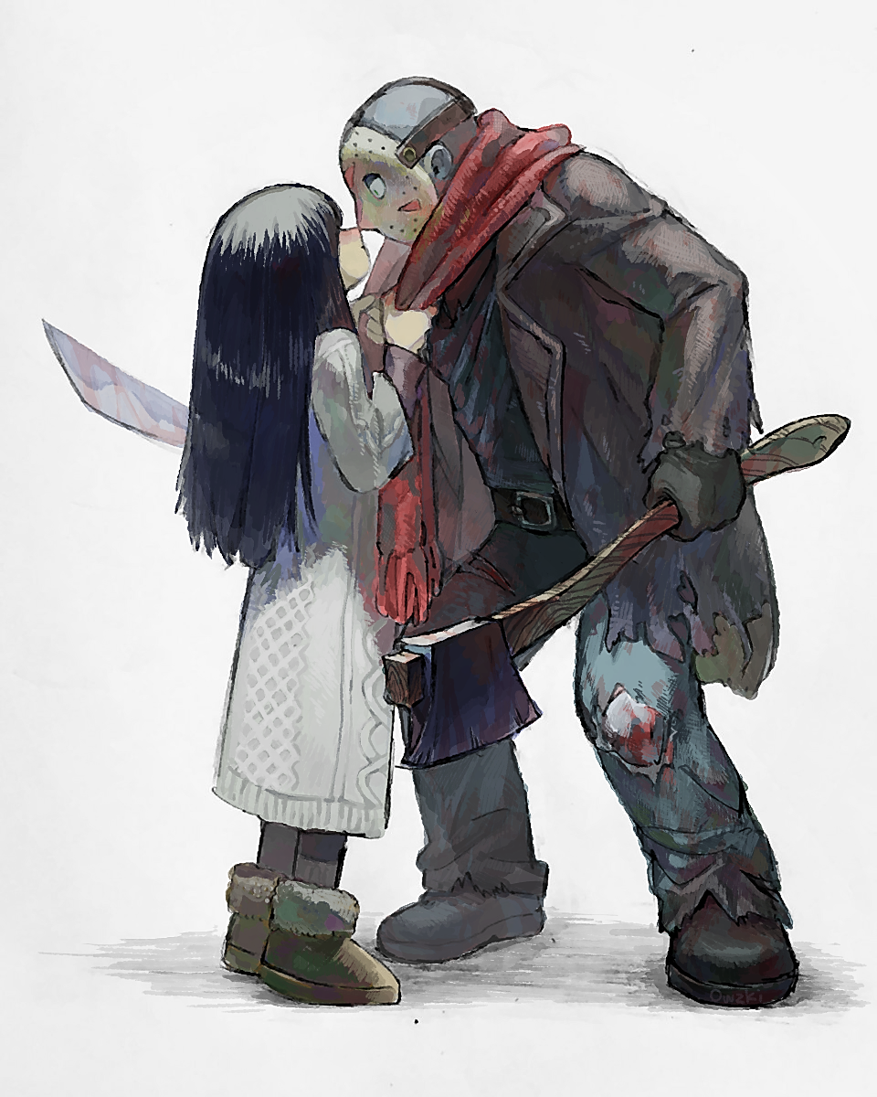 1boy, 1girl, bangs, black_hair, crossover, friday_the_13th, from_side, hetero