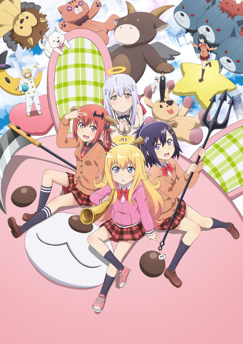 2boys, 5girls, :d, absurdres, ahoge, arm_up, arms_behind_back, bat_hair_ornament