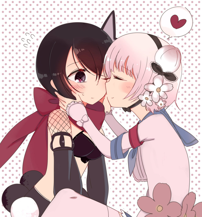 2girls, black_hair, blush, cheek_kiss, closed_eyes, couple, harino_m, highres
