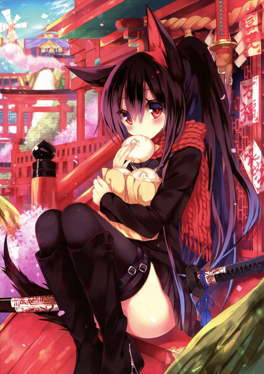 1girl, absurdres, animal_ears, black_boots, black_hair, black_legwear, black_serafuku, black_shrit, black_skirt, boots, cherry_blossoms, eating, eyebrows_visible_through_hair, fox_ears, fox_tail, hair_between_eyes, high_heel_boots, high_heels, high_ponytail, highres, katana, knee_boots, long_hair, nekoboshi_sakko, original, outdoors, pleated_skirt, red_eyes, red_scarf, scarf, school_uniform, serafuku, sheath, sitting, skirt, solo, sword, tail, thigh-highs, torii, very_long_hair, weapon, zettai_ryouiki, zipper