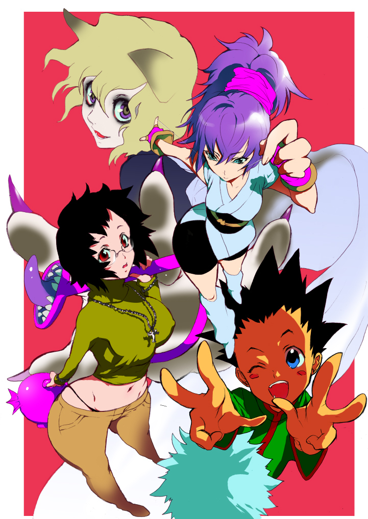 bad_id, black_hair, blonde_hair, blue_eyes, cat_ears, gon_freecss, hunter_x_hunter, japanese_clothes, killua_zoldyck, leg_warmers, loose_socks, machi_(hunter_x_hunter), midriff, miwa_hitomi, nefelpitou, pants, piano_wire, ponytail, purple_hair, red_eyes, shizuku_(hunter_x_hunter), short_hair, socks, spiked_hair, spiky_hair, turtleneck