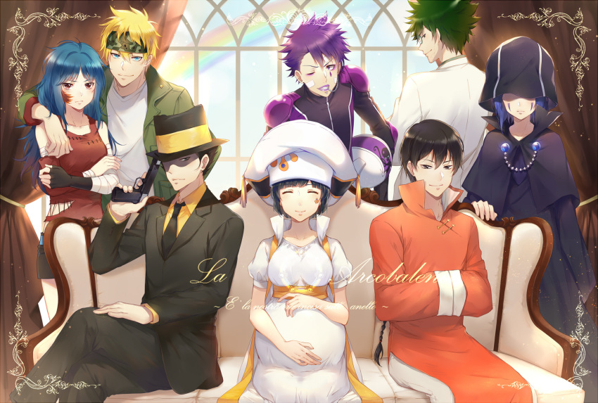 2girls, 5boys, arcobaleno, black_hair, blonde_hair, blue_hair, colonello, ekira_nieto