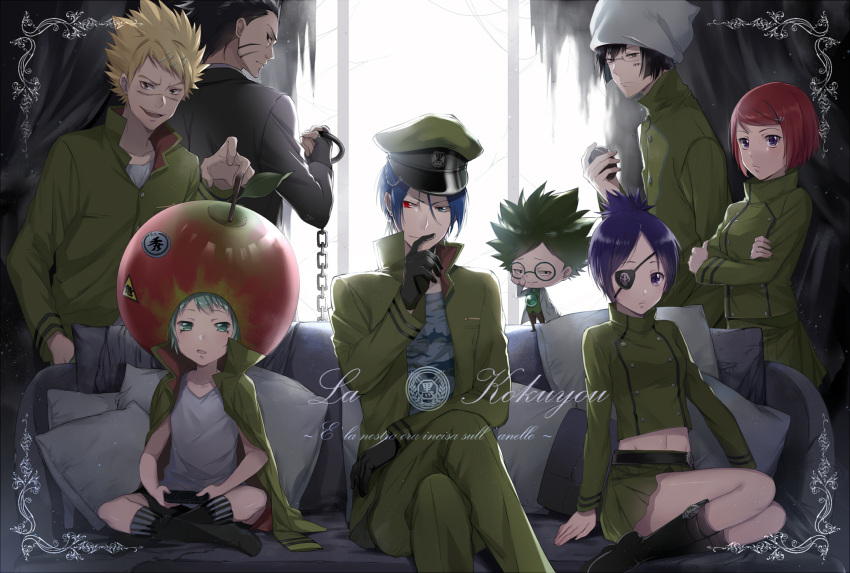 2girls, 5boys, black_hair, blonde_hair, chains, chrome_dokuro, couch, ekira_nieto, eyepatch, fran_(reborn), glasses, gloves, green_eyes, green_hair, hat, heterochromia, highres, joushima_ken, kakimoto_chikusa, katekyo_hitman_reborn, lancia_(reborn), m.m., multiple_boys, multiple_girls, purple_hair, red_eyes, redhead, rokudou_mukuro, scar, school_uniform, short_hair, verde_(reborn), violet_eyes