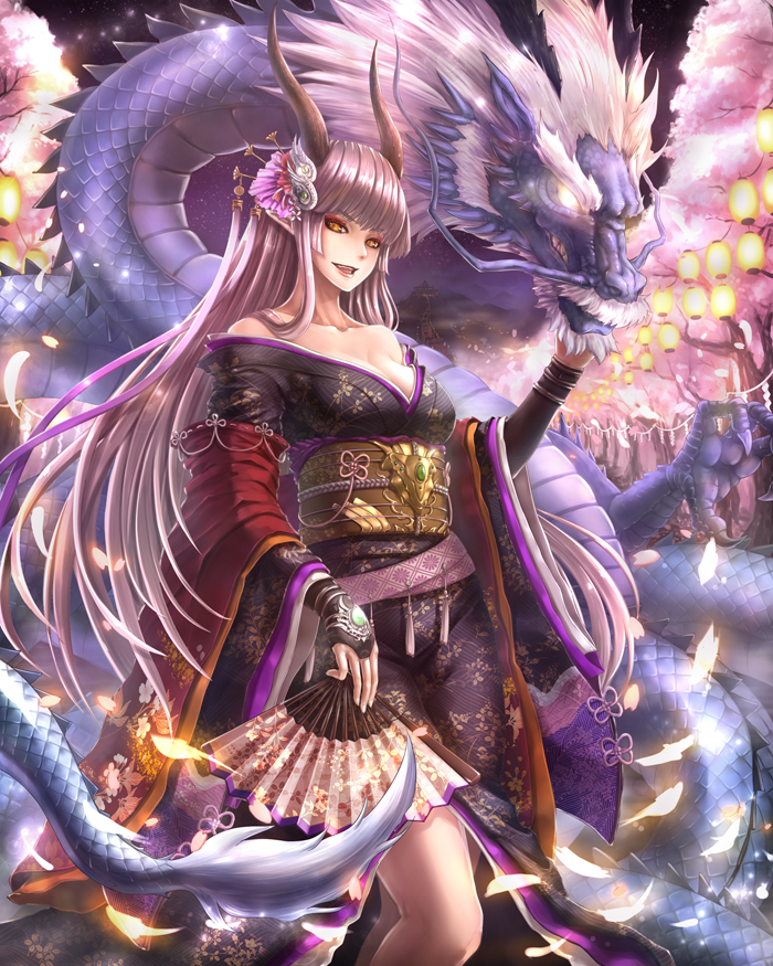 1girl, ant_(fenixant), breasts, brown_eyes, cherry_blossoms, cleavage, dragon, dragon_girl, dragon_horns, fan, fantasy_lore, floral_print, glowing, glowing_eyes, hair_ornament, hand_on_another's_chin, horns, japanese_clothes, lantern, long_hair, looking_at_viewer, official_art, open_mouth, paper_fan, paper_lantern, pointy_ears, standing, wide_sleeves