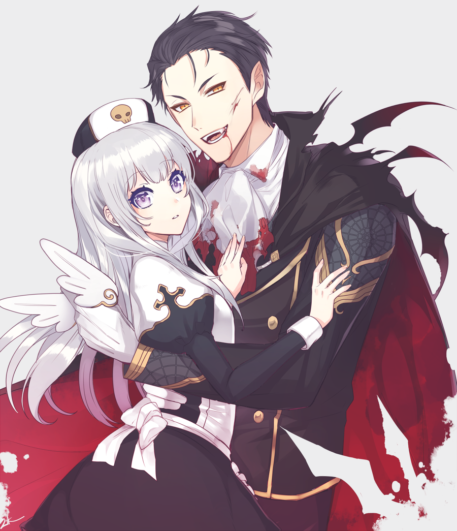 1boy, 1girl, black_hair, blood, cape, commentary, fang, fujikiti