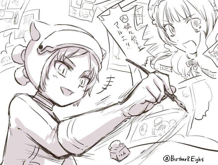 2girls, @nyannyan, mahou_shoujo_ikusei_keikaku, mahou_shoujo_ikusei_keikaku_restart, manga_(object), monochrome, multiple_girls, pen