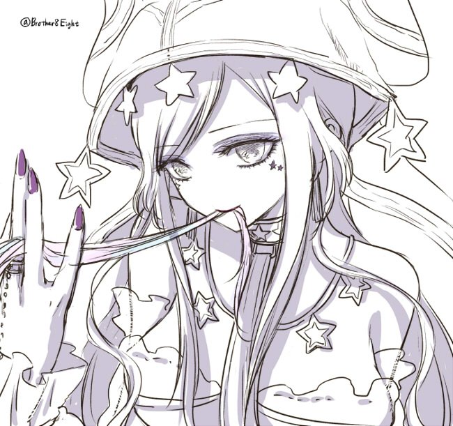 1girl, bare_shoulders, hair_in_mouth, hat, long_hair, mahou_shoujo_ikusei_keikaku, monochrome, nail_polish