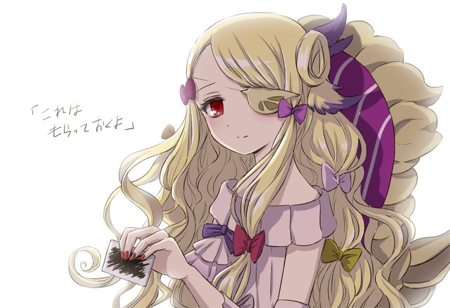 1girl, blonde_hair, chair, eyepatch, light_smile, long_hair, mahou_shoujo_ikusei_keikaku, nail_polish