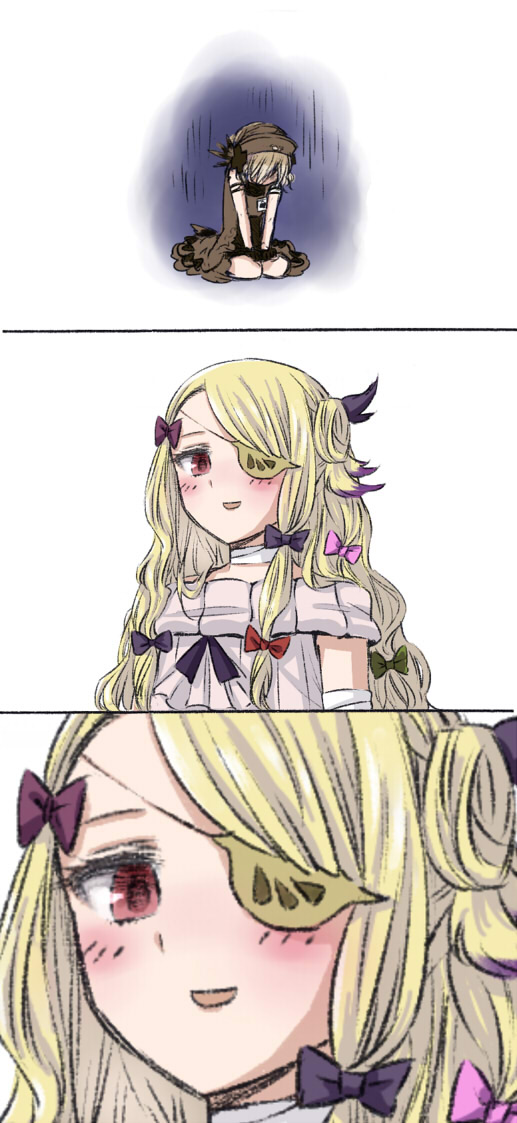 2girls, 3koma, blonde_hair, comic, long_hair, mahou_shoujo_ikusei_keikaku, multiple_girls, pfle
