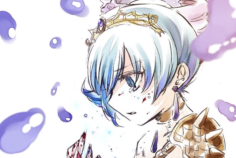 1girl, blood, blood_on_face, bloody_hands, blue_eyes, blue_hair, earrings, face