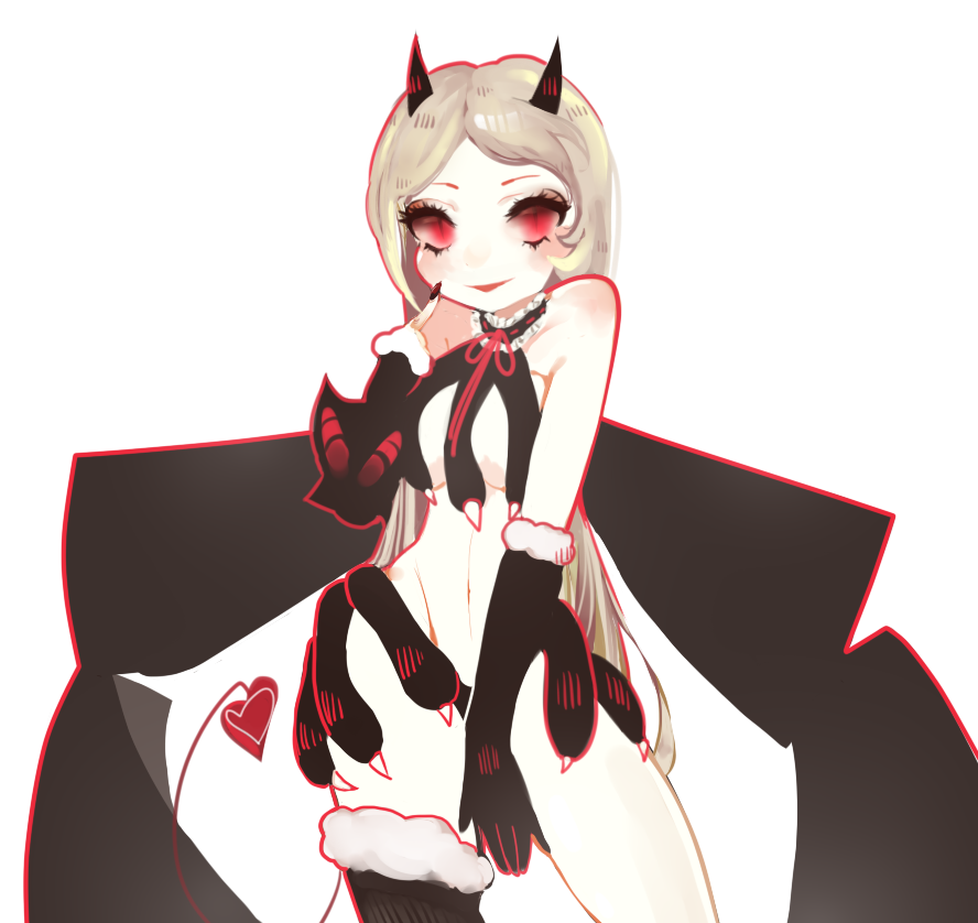 1girl, alternate_hairstyle, blonde_hair, finger_to_cheek, horns, kwysten, long_hair, mahou_shoujo_ikusei_keikaku