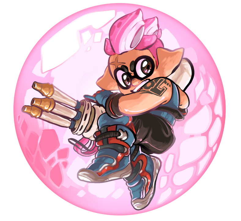 1girl, bare_shoulders, barrier, boots, brown_eyes, bubble, commentary, cosplay, costume, domino_mask, funkgamut, gatling_gun, gloves, gun, holding, holding_weapon, inkling, looking_at_viewer, mask, overwatch, pink_hair, pointy_ears, scar, shield, short_hair, solo, splatoon, tattoo, tentacle_hair, weapon, zarya_(overwatch), zarya_(overwatch)_(cosplay)