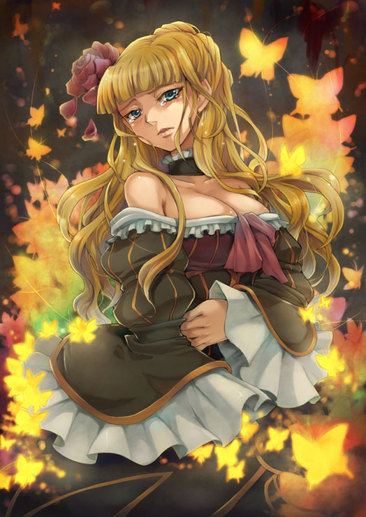 beatrice, blonde_hair, blue_eyes, blush, breasts, butterfly, cleavage, flower, hair_ornament, ribbon, tears, umineko_no_naku_koro_ni, yukitsuki_hisa