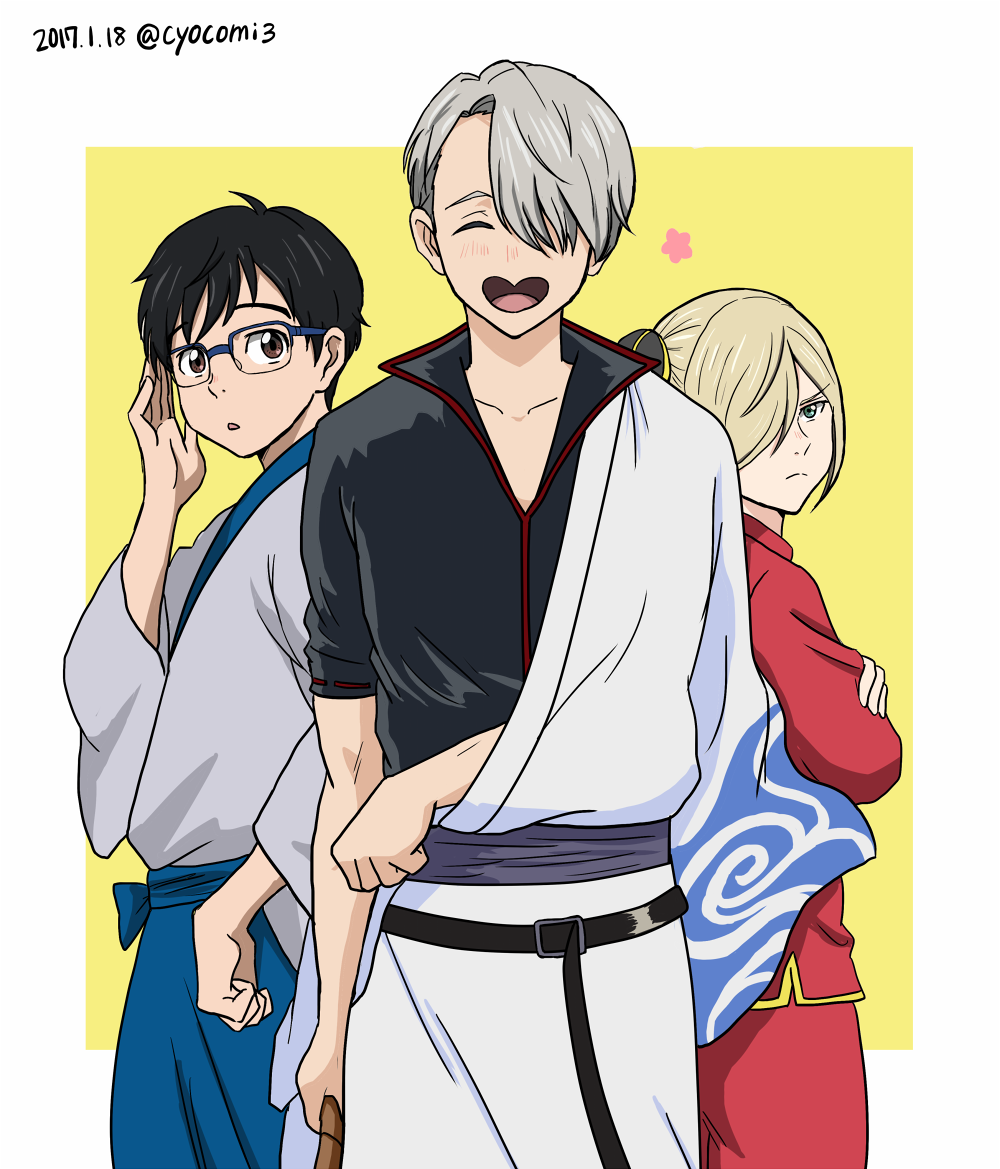 3boys, black_hair, blonde_hair, blue-framed_eyewear, brown_eyes, choko_(20040421), closed_eyes, cosplay