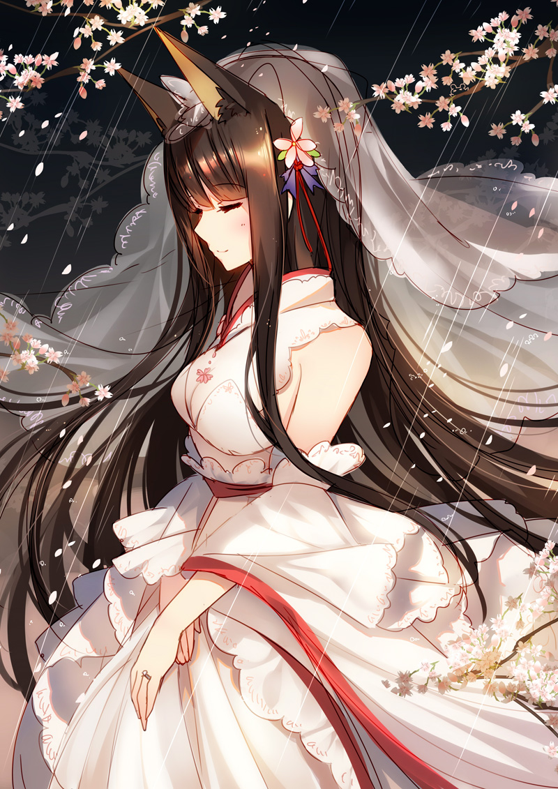 1girl, akagi_(zhan_jian_shao_nyu), animal_ears, bison_cangshu, breasts, bridal_veil, bride, brown_hair, cherry_blossoms, closed_eyes, detached_sleeves, flower, fox_ears, hair_flower, hair_ornament, jewelry, long_hair, petals, ring, sideboob, smile, veil, very_long_hair, wedding_ring, zhan_jian_shao_nyu