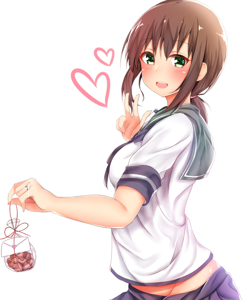 1girl, bangs, blue_skirt, blush, breasts, brown_hair, chocolate, eyebrows_visible_through_hair