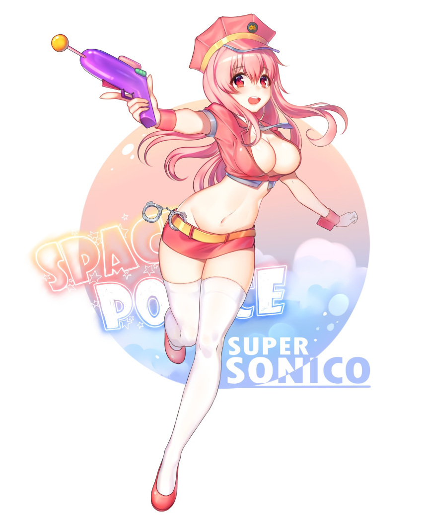 1girl, blush, breasts, cleavage, crop_top, cuffs, energy_gun, female_service_cap