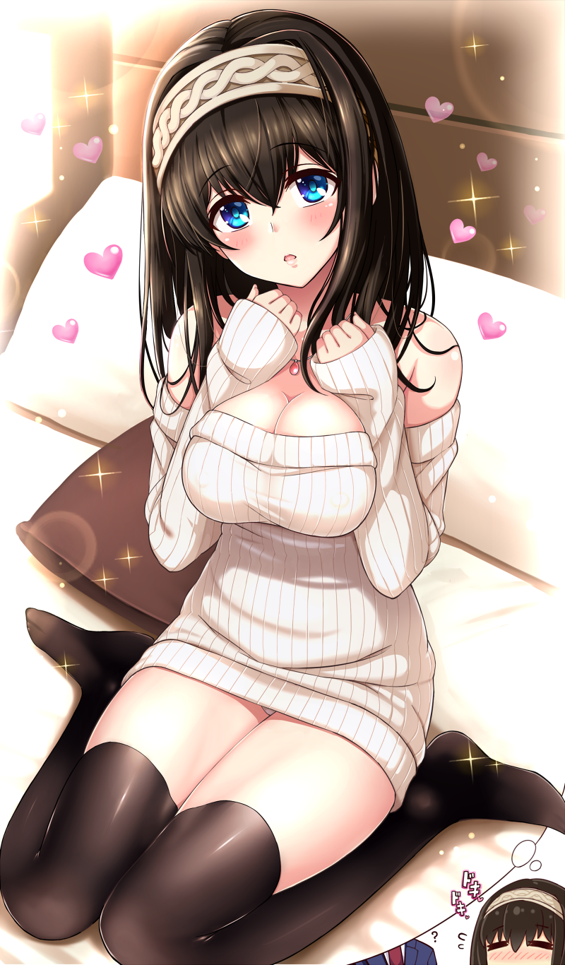 1girl, bangs, bare_shoulders, black_hair, black_legwear, blue_eyes, chibi_inset, flying_sweatdrops