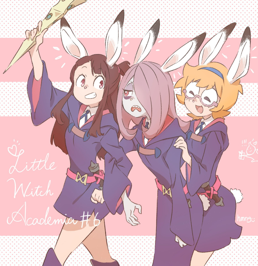 3girls, akko_kagari, animal_ears, animal_nose, box, brown_hair, bunny_girl, bunny_tail, commentary_request, gift, gift_box, glasses, heart, highres, hmng, holding, holding_gift, little_witch_academia, long_hair, lotte_yanson, multiple_girls, open_mouth, orange_hair, pink_hair, rabbit_ears, skirt, sucy_manbavaran, tail, wand