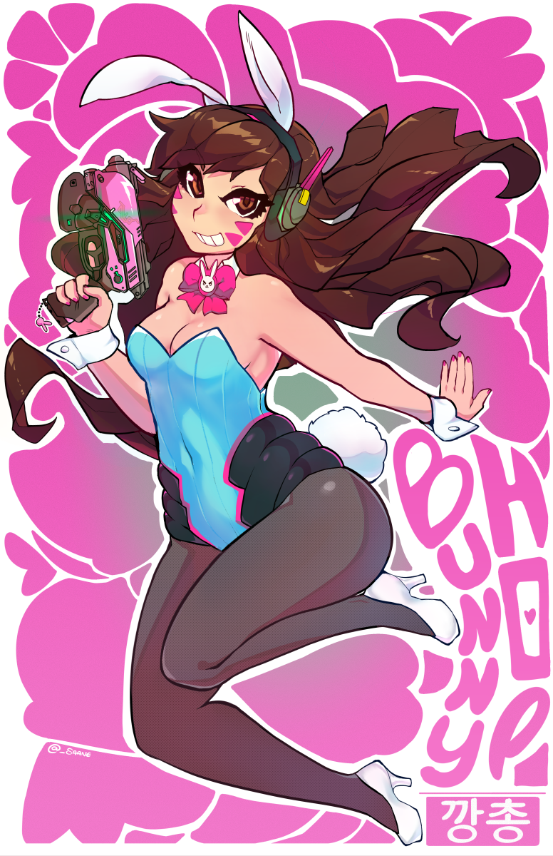 1girl, animal_ears, bunnysuit, d.va_(overwatch), gun, handgun, headphones, highres