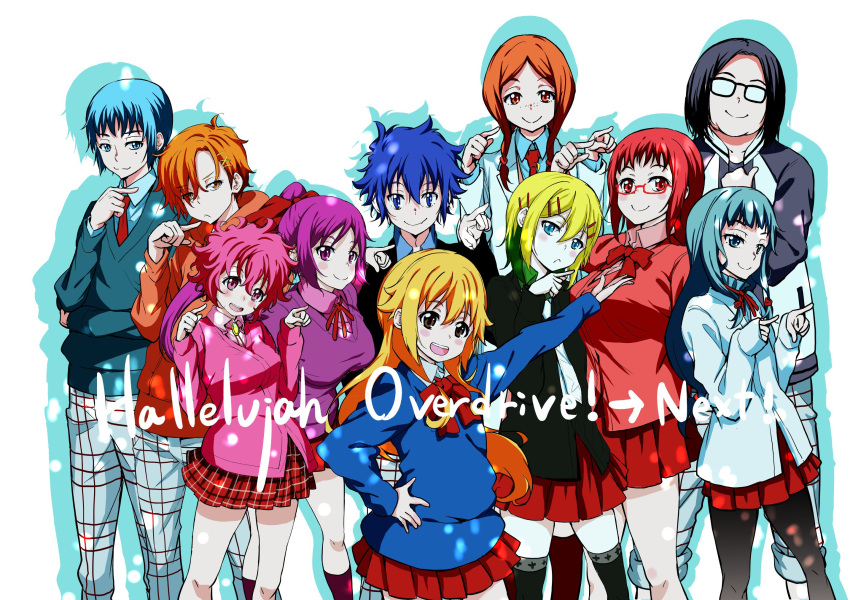 4boys, 6+girls, asakura_kosame, black_hair, black_legwear, blonde_hair, blue_eyes, blue_hair, bow, bowtie, brown_eyes, brown_hair, copyright_name, glasses, hair_ornament, hairclip, hallelujah_overdrive!, highres, koide_maria, kumori_touya, long_hair, makime_aiha, makime_wakaba, midou_kaede, mikado_hinata, minakami_urara, multiple_boys, multiple_girls, necktie, official_art, pantyhose, pointing, ponytail, purple_hair, redhead, skirt, smile, sweater, tachibana_tanpopo, takagi_yutaka, takata_koutarou, utsugi_haru, violet_eyes