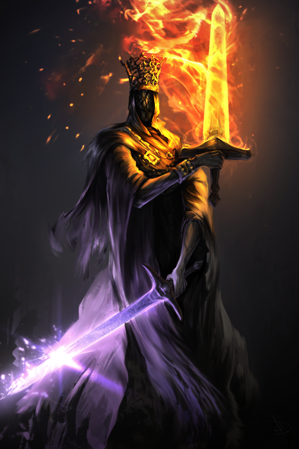 bracelet, crown, dark_souls, dark_souls_iii, dual_wielding, fey_(wojtek), flaming_sword, jewelry, pontiff_sulyvahn, robe, souls_(from_software), standing