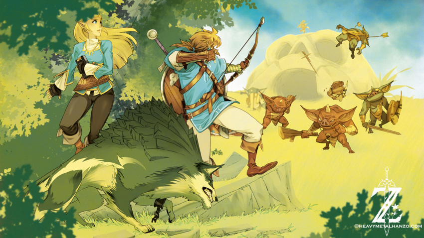 1boy, 1girl, arrow, blonde_hair, bokoblin, bow_(weapon), club, grass