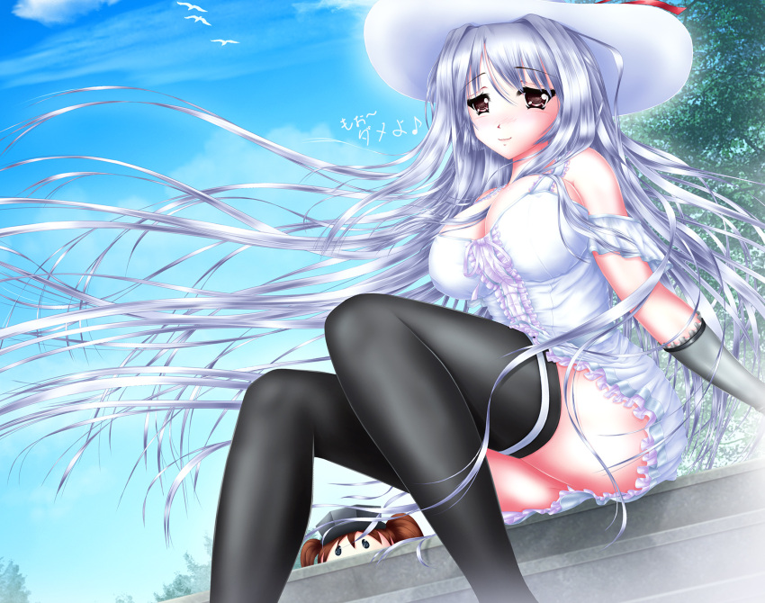 2girls, alternate_costume, black_legwear, blue_sky, breasts, brown_hair, cleavage, day