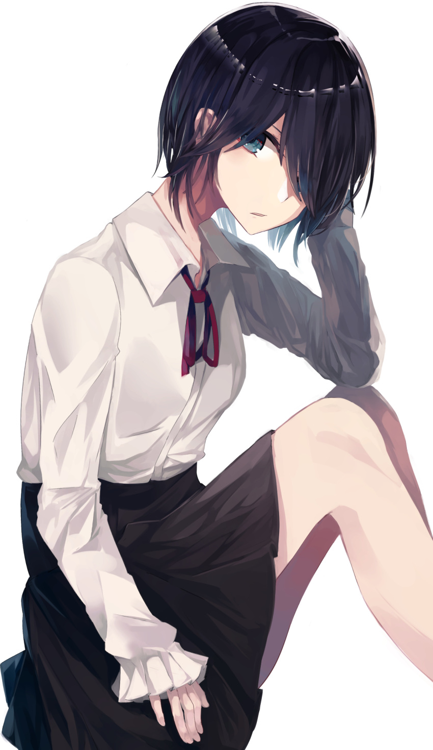 1girl, black_hair, black_skirt, blouse, frilled_sleeves, frills, from_side, green_eyes