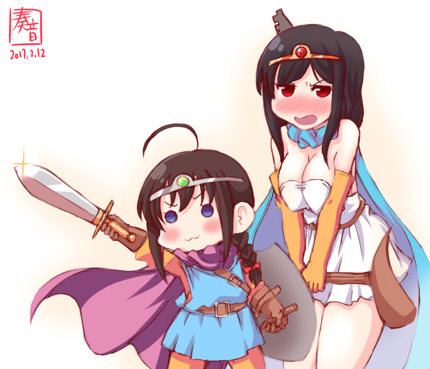2017, 2girls, :3, alternate_costume, angry, bare_shoulders, belt, black_hair