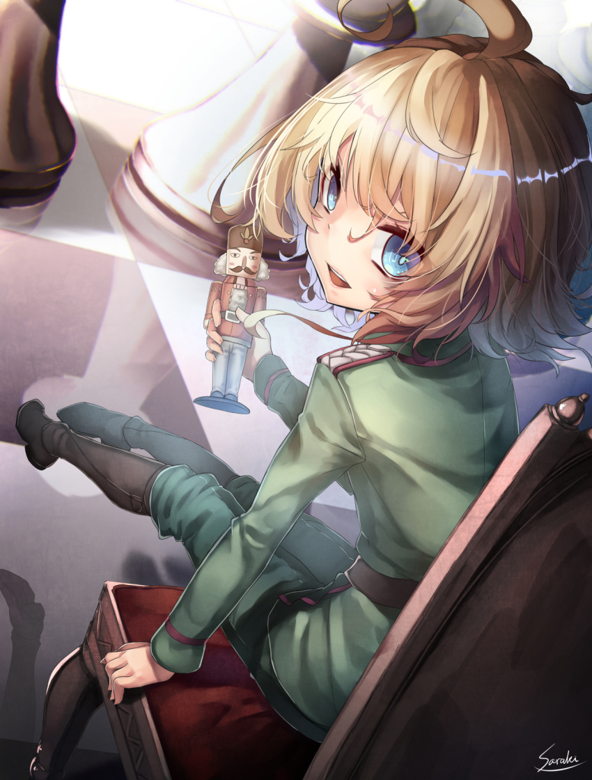1girl, ahoge, artist_name, bangs, blonde_hair, blue_eyes, boots, chair, chess_piece, dutch_angle, from_behind, highres, holding, knee_boots, legs_together, long_sleeves, looking_at_viewer, looking_back, military, military_uniform, nutcracker, open_mouth, pawn, reflection, saraki, signature, sitting, smile, solo, tanya_degurechaff, teeth, uniform, youjo_senki
