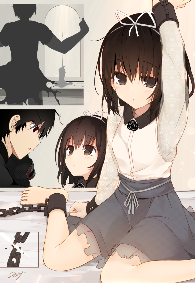 1boy, 1girl, arm_up, artist_name, bangs, barefoot, black_hair, black_skirt