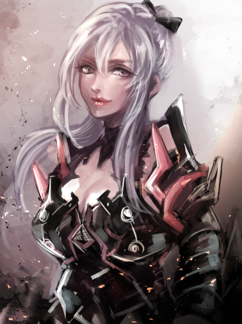 1girl, aranea_highwind, armor, bow, breasts, cleavage, final_fantasy, final_fantasy_xv