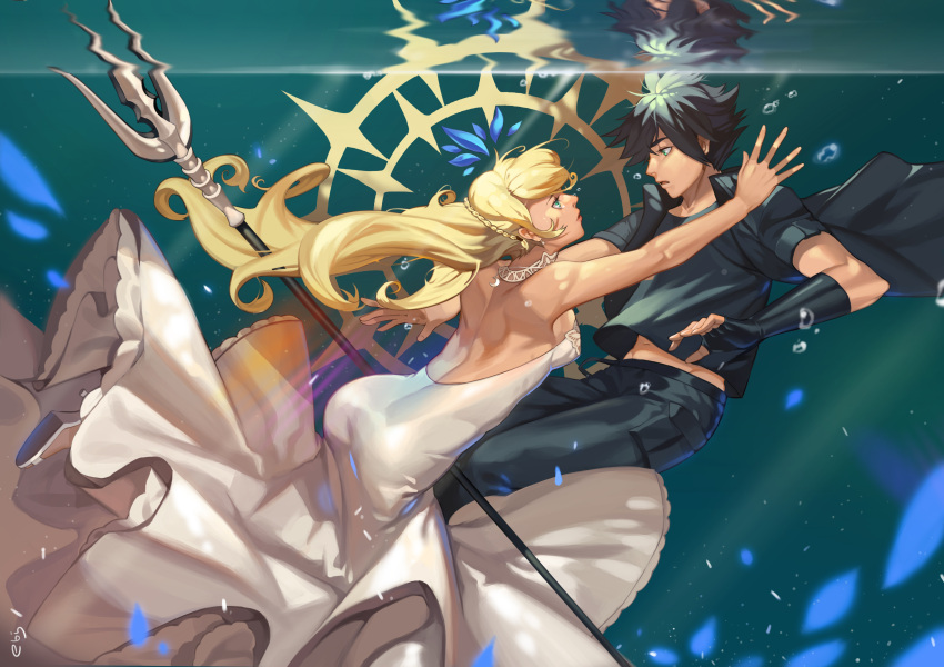 1boy, 1girl, absurdres, ass, black_hair, black_jacket, blonde_hair, dress