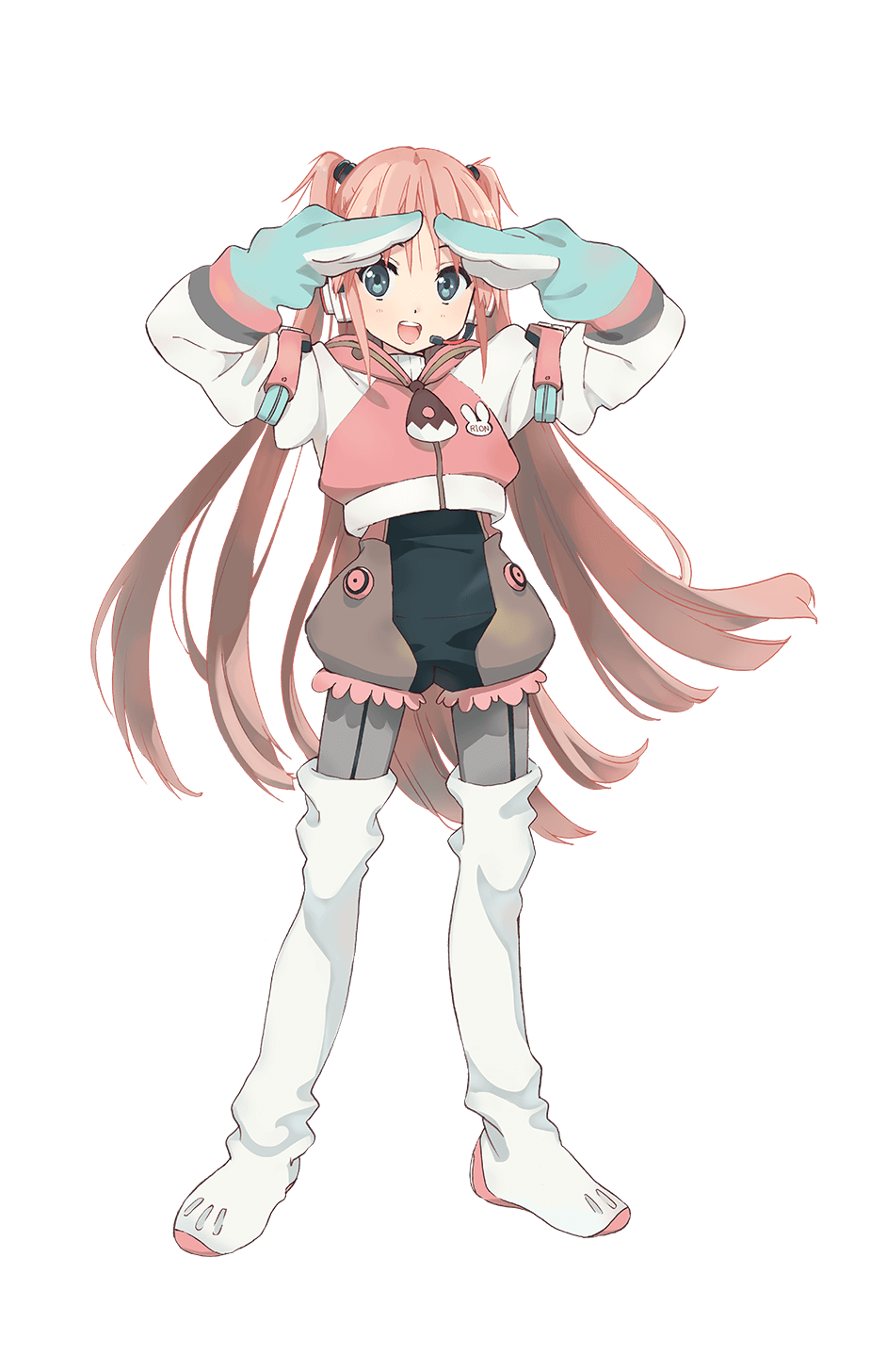1girl, blue_eyes, boots, cropped_jacket, grey_legwear, headset, highres, horiguchi_yukiko