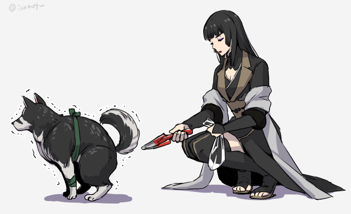 1girl, black_hair, boots, closed_eyes, dog, final_fantasy, final_fantasy_xv, gentiana