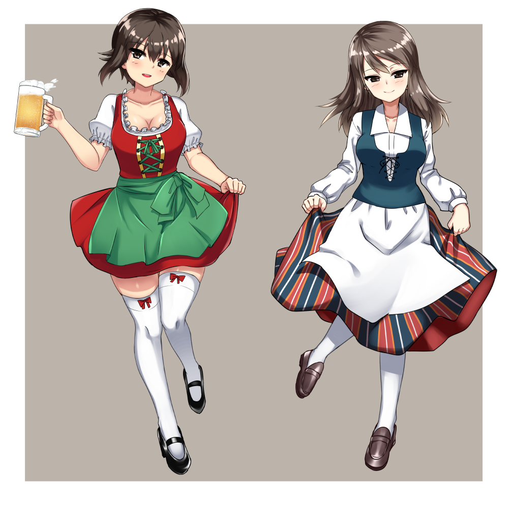 2girls, alcohol, apron, beer, beer_mug, black_shoes, blue_dress, bow_legwear