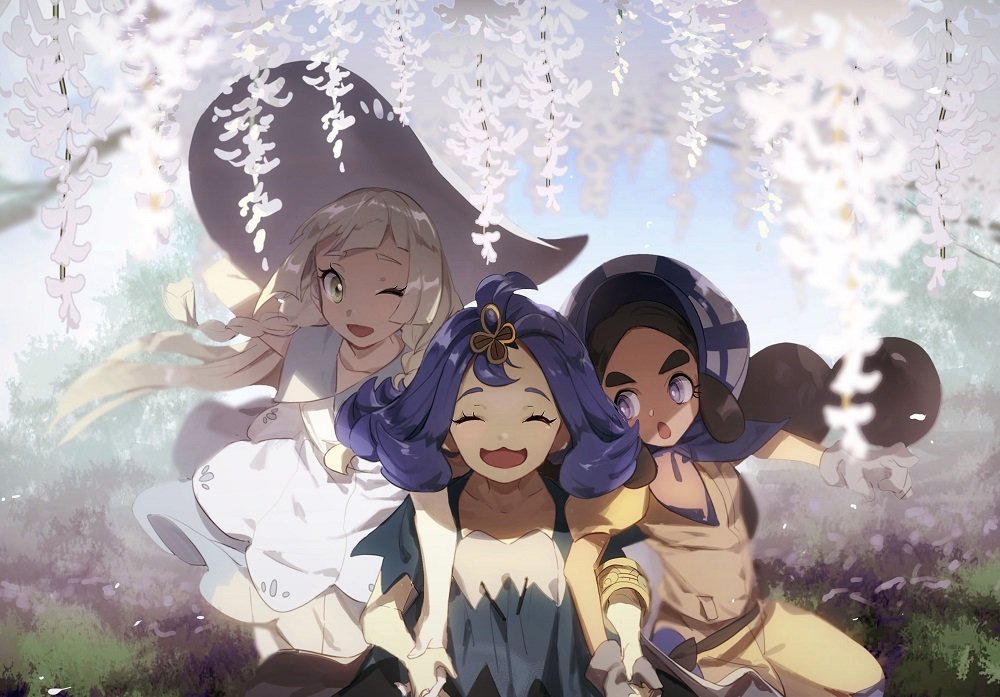 3girls, :3, acerola_(pokemon), armlet, black_hair, blonde_hair, bonnet, braid