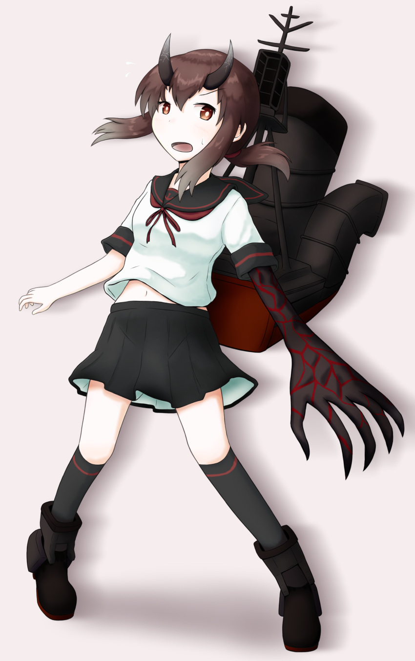 1girl, absurdres, black_hair, cannon, dark_persona, fubuki_(kantai_collection), fusion, glowing