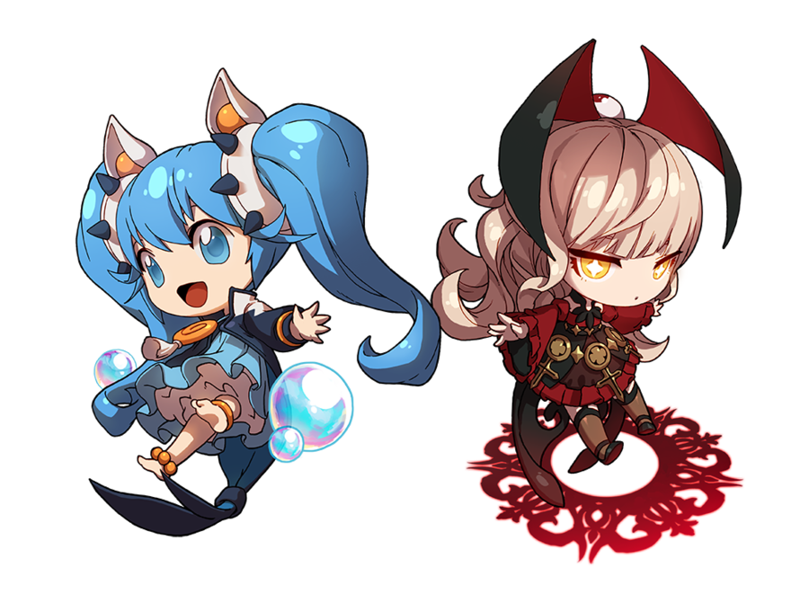 +_+, 2girls, :o, ara_(herowarz), barefoot, blonde_hair, blue_eyes, blue_hair, bubble, character_request, chibi, herowarz, izanami_(herowarz), mulin, multiple_girls, no_nose, simple_background, thigh-highs, twintails, white_background, yellow_eyes