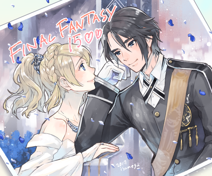 1boy, 1girl, black_hair, blonde_hair, blue_eyes, dress, final_fantasy, final_fantasy_xv