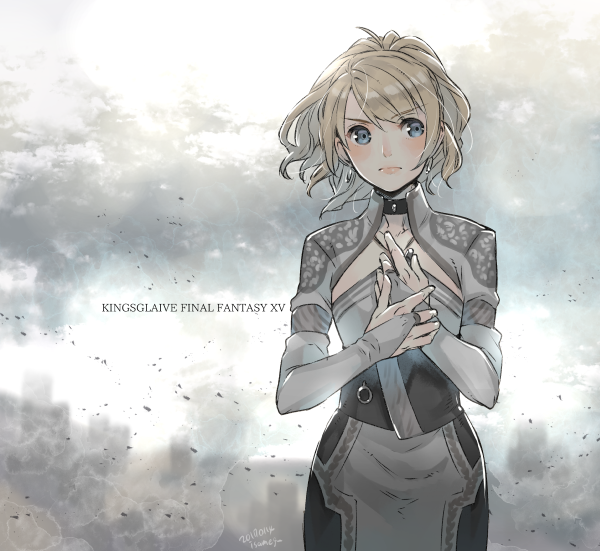 1girl, blonde_hair, blue_eyes, blush, bridal_gauntlets, dress, final_fantasy, final_fantasy_xv